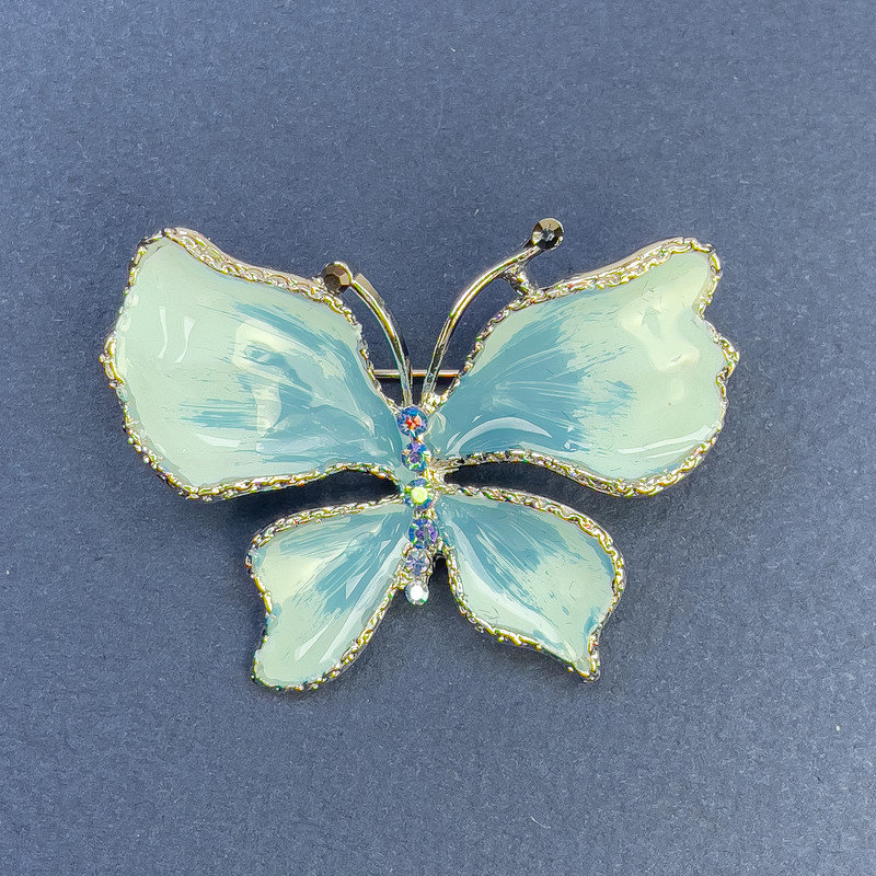 Butterfly Brooch with Rhinestones, Blue Enamel, Silver-Tone Metal, Diameter 44mm+-, Length 33mm+