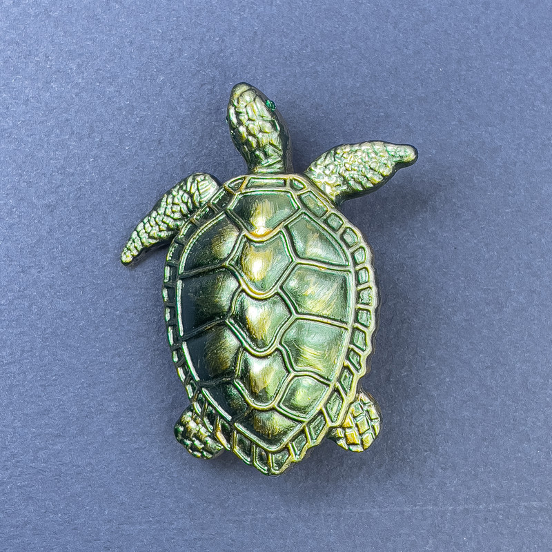 Turtle Brooch Pendant, Dark Green, Gold-Tone Metal, Diameter 40mm+/-, Length 49mm+