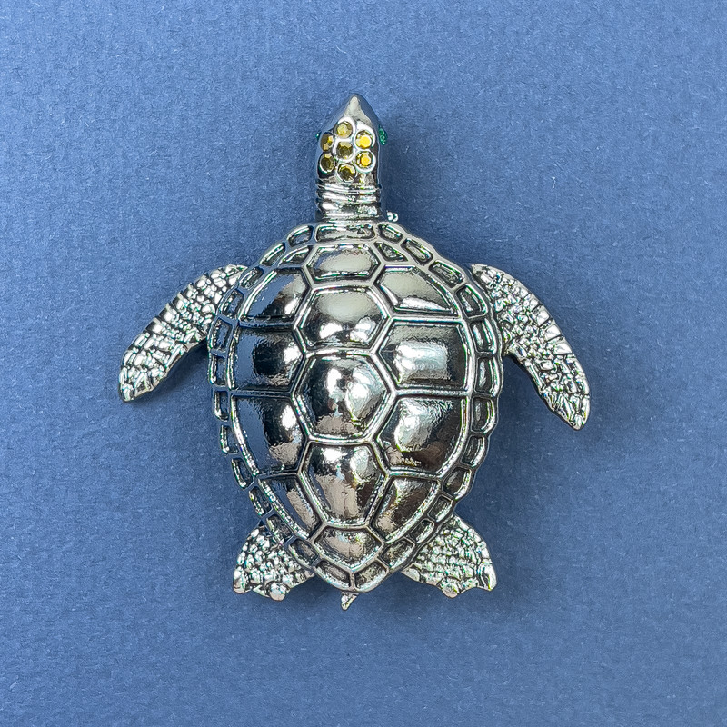 Turtle Brooch Pendant with Rhinestones, Silver-Tone Metal, Diameter 44mm+/-, Length 47mm+