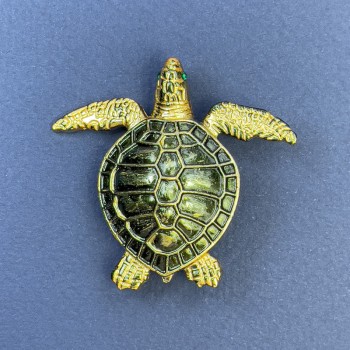 Brooch Pendant Turtle Dark Green Colour Gold-Tone Metal, Diameter 47mm+-, Length 43mm+