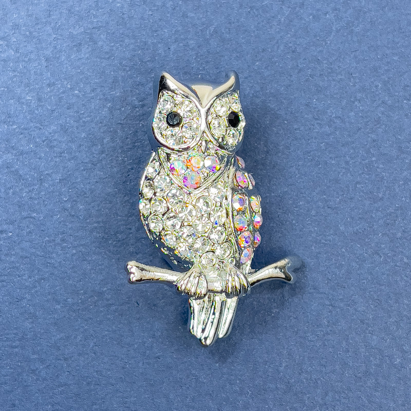 Owl Brooch, Black, White and Iridescent Rhinestones, Silver-tone Metal, Diameter 22mm+/-, Length 32mm+