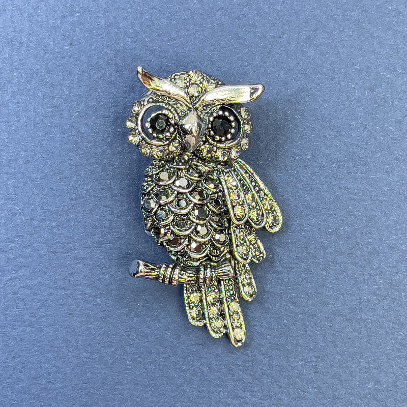 Owl Brooch Pendant, Black Grey Rhinestones, Grey Silver-tone Metal, Diameter 24mm+/-, Length 47mm+
