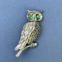 Owl Brooch, Green Rhinestones, Silver-tone Metal, Diameter 27mm+/-, Length 52mm+
