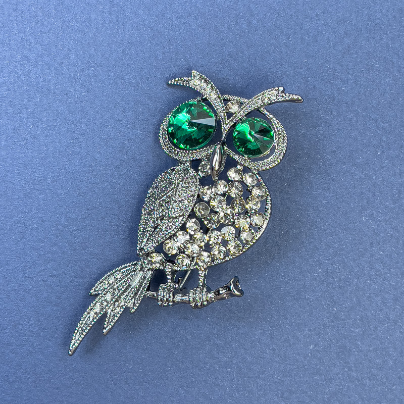 Owl Brooch, Green and Grey Rhinestones, Silver-tone Metal, Diameter 26mm+/-, Length 63mm+
