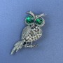 Owl Brooch, Green and Grey Rhinestones, Silver-tone Metal, Diameter 26mm+/-, Length 63mm+