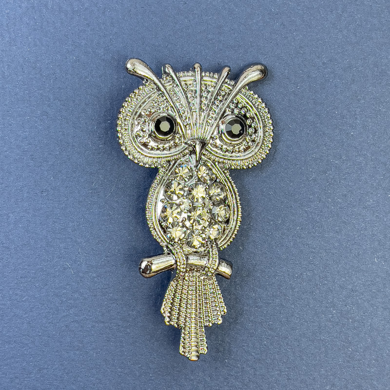 Owl Brooch, Black and Grey Rhinestones, Silver-tone Metal, Diameter 34mm+/-, Length 60mm+
