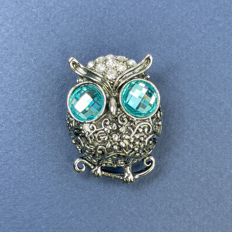 Owl Brooch, Blue and White Crystals, Silver-tone Metal, Diameter 27mm+/-, Length 38mm+