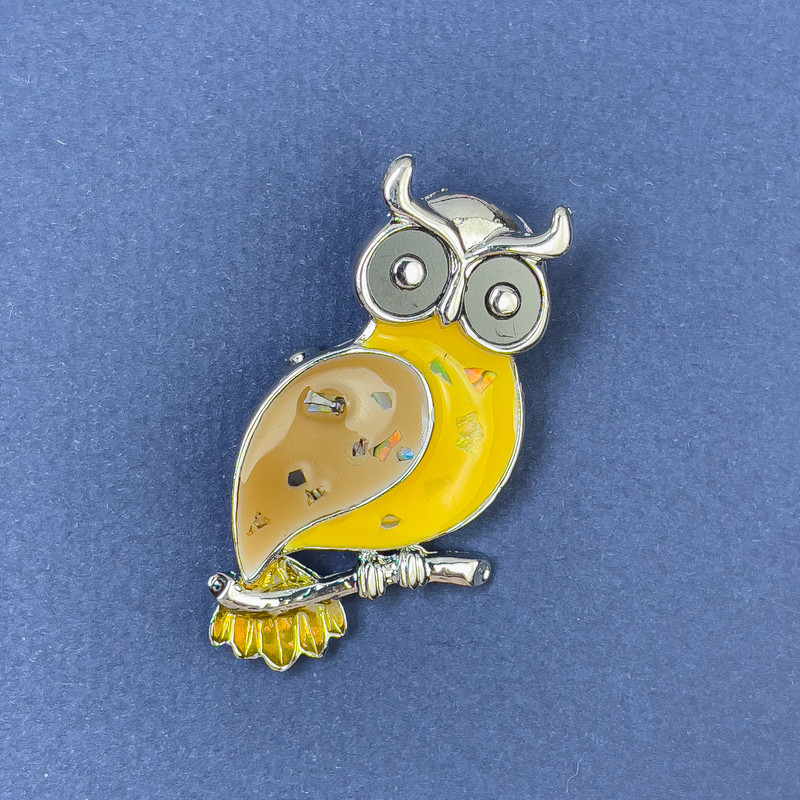 Owl Abalone Brooch Pendant, Yellow Black Enamel, Silver-tone Metal, Diameter 23mm+/-, Length 45mm+