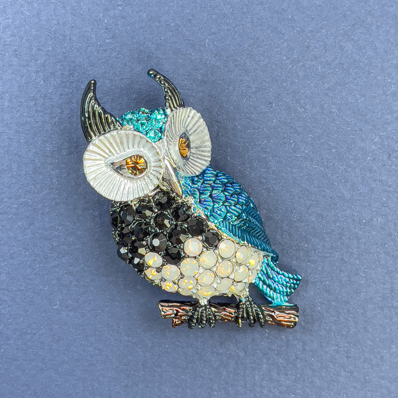 Owl Brooch Pendant Blue Black Rainbow Rhinestones Enamel Silver-Tone Metal, diameter approx. 23mm, length 50mm+
