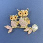 Owl Brooch with Pearl Pink Crystals Enamel Gold-Tone Metal, diameter approx. 55mm, length 45mm+