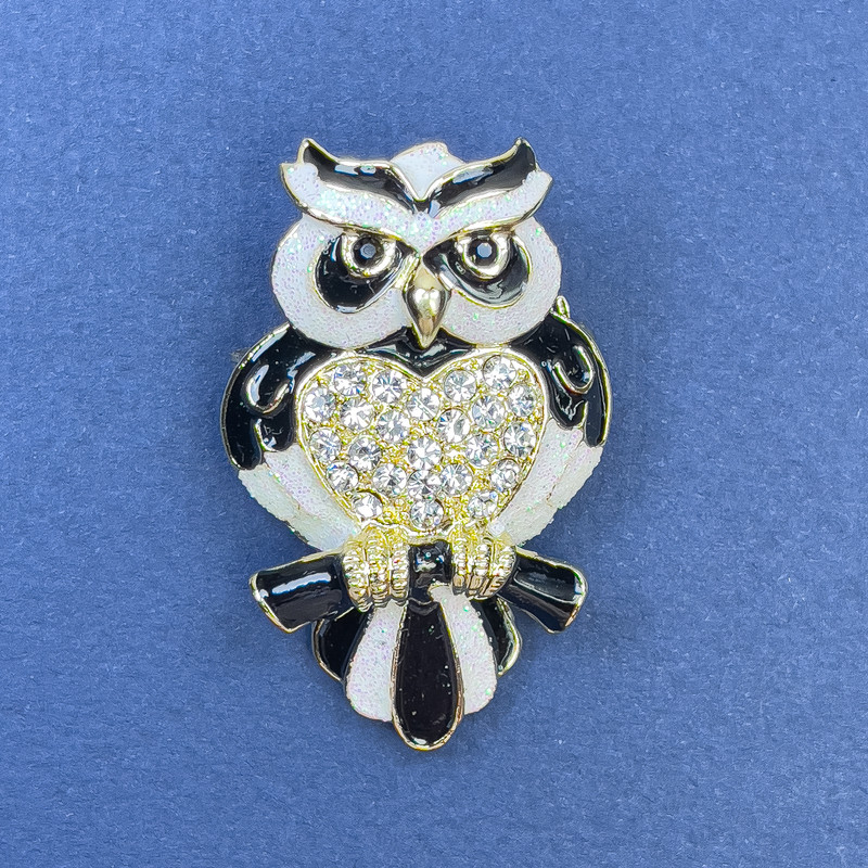 Owl Brooch Pendant White Rhinestones White and Black Enamel Gold-Tone Metal, diameter approx. 26mm, length 41mm+