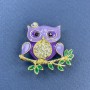 Owl Brooch Pendant White Rhinestones Purple and Green Enamel Gold-Tone Metal, diameter approx. 33mm, length 31mm+