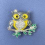 Owl Brooch Pendant White Rhinestones Yellow and Grey Enamel Silver-Tone Metal, diameter approx. 33mm, length 32mm+