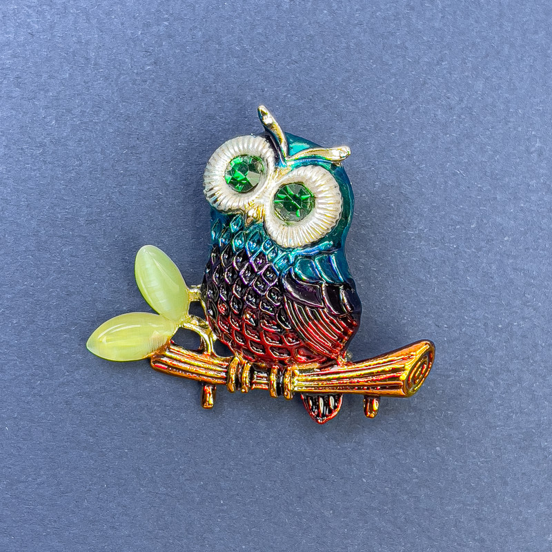 Brooch Pendant Owl with green rhinestones multicolour enamel golden metal, diameter 37mm+-, length 34mm+-