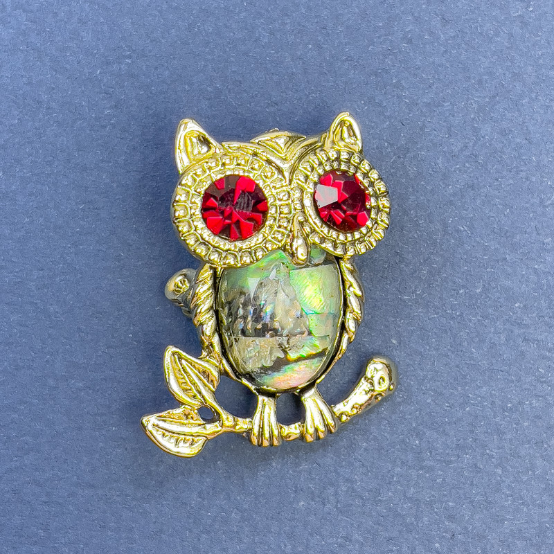 Brooch Pendant Owl Abalone Red Rhinestones Gold-Tone Metal, Diameter 26mm+/-, Length 33mm+