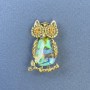 Owl Brooch Pendant, Abalone Shell, Yellow Rhinestones, Gold-Tone Metal, Diameter 18mm+/-, Length 31mm+