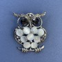 Owl Brooch Pendant, Grey Cat's Eye, Grey Crystals, Silver-Tone Metal, Diameter 36mm+-, Length 45mm+