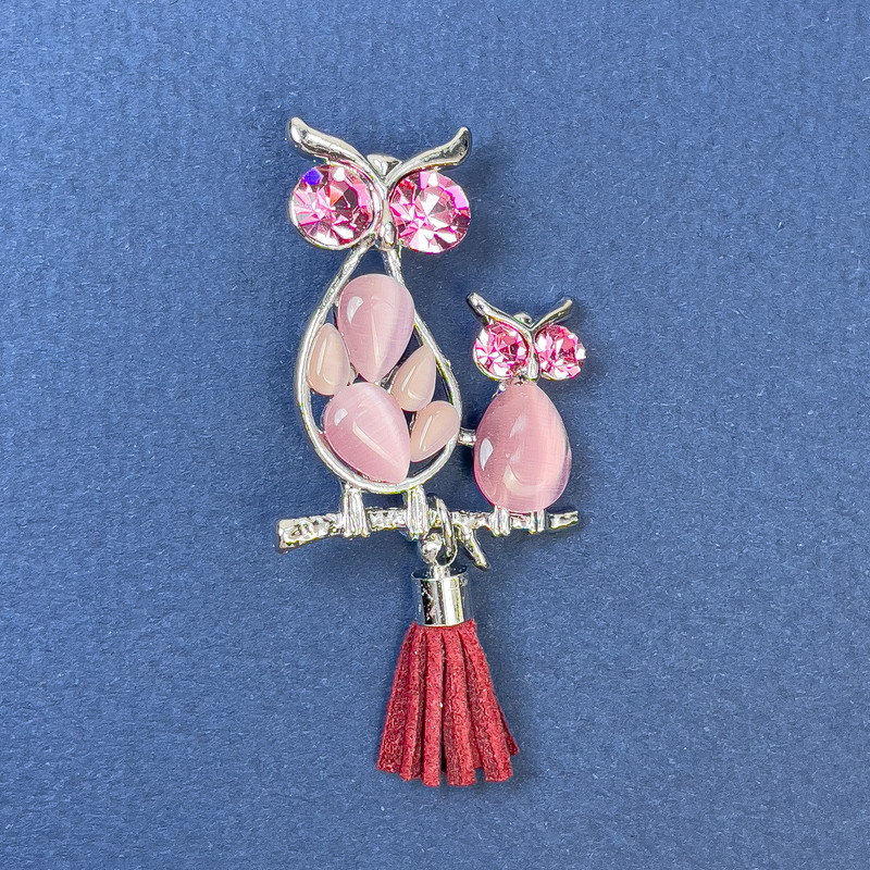 Owl Brooch Pendant, Pink Cat's Eye, Pink Rhinestones, Silver-Tone Metal, Diameter 24mm+-, Length 50mm+