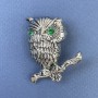 Owl Brooch, Green Rhinestones, Silver-tone Metal, diameter 28mm+/-, length 45mm+