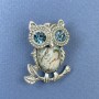 Owl Brooch Pendant, Abalone Shell, Blue Rhinestones, Silver-Tone Metal, Diameter 25mm+-, Length 34mm+