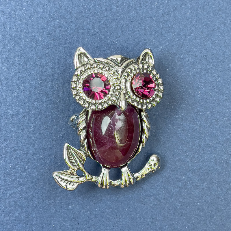 Brooch Pendant Owl Pink Rhinestones Purple Stone Silver-Tone Metal, Diameter 25mm+/-, Length 34mm+