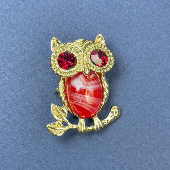 Brooch Pendant Owl Red Rhinestones Gold-Tone Metal, Diameter 25mm+/-, Length 34mm+