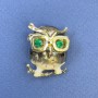 Owl Brooch Pendant, Green Rhinestones, Bronze Enamel, Gold-Tone Metal, Diameter 23mm+/-, Length 32mm+