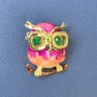 Owl Brooch Pendant, Green Rhinestones, Pink Enamel, Gold-Tone Metal, Diameter 23mm+/-, Length 32mm+