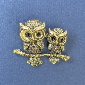 Brooch Owl Grey Rhinestones Gold-Tone Metal, Diameter 35mm+-, Length 28mm+