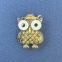 Owl Brooch White Enamel Yellow Rhinestones Gold-Tone Metal, Diameter 22mm+-, Length 29mm+