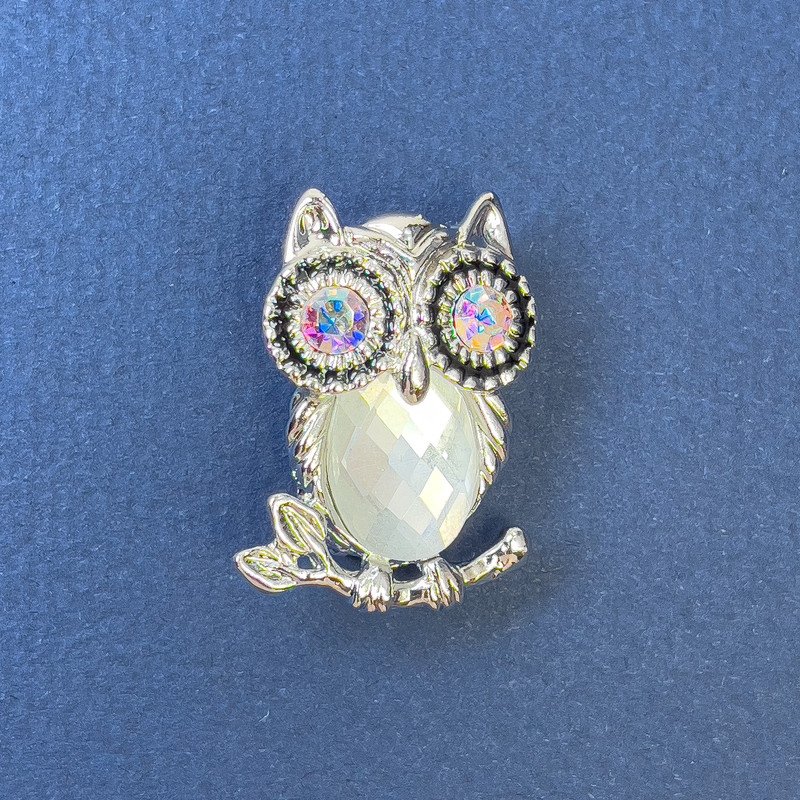 Owl Brooch Pendant with White and Rainbow Crystals, Silver-Tone Metal, Diameter 18mm+-, Length 27mm+
