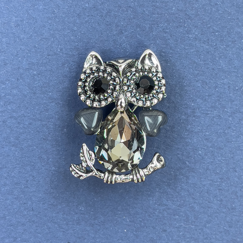 Owl Brooch Pendant with Grey and Black Crystals, Silver-Tone Metal, Diameter 18mm+-, Length 27mm+