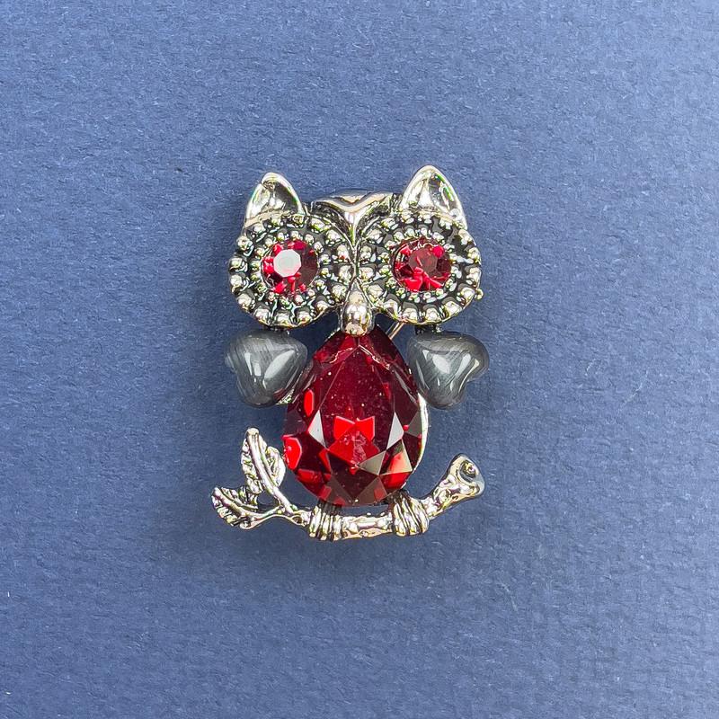 Owl Brooch Pendant with Red and Grey Crystals, Silver-Tone Metal, Diameter 18mm+-, Length 27mm+