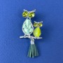 Owl Brooch Pendant, Green Cat's Eye, Green Rhinestones, Silver-tone Metal, Diameter 24mm+/-, Length 50mm+