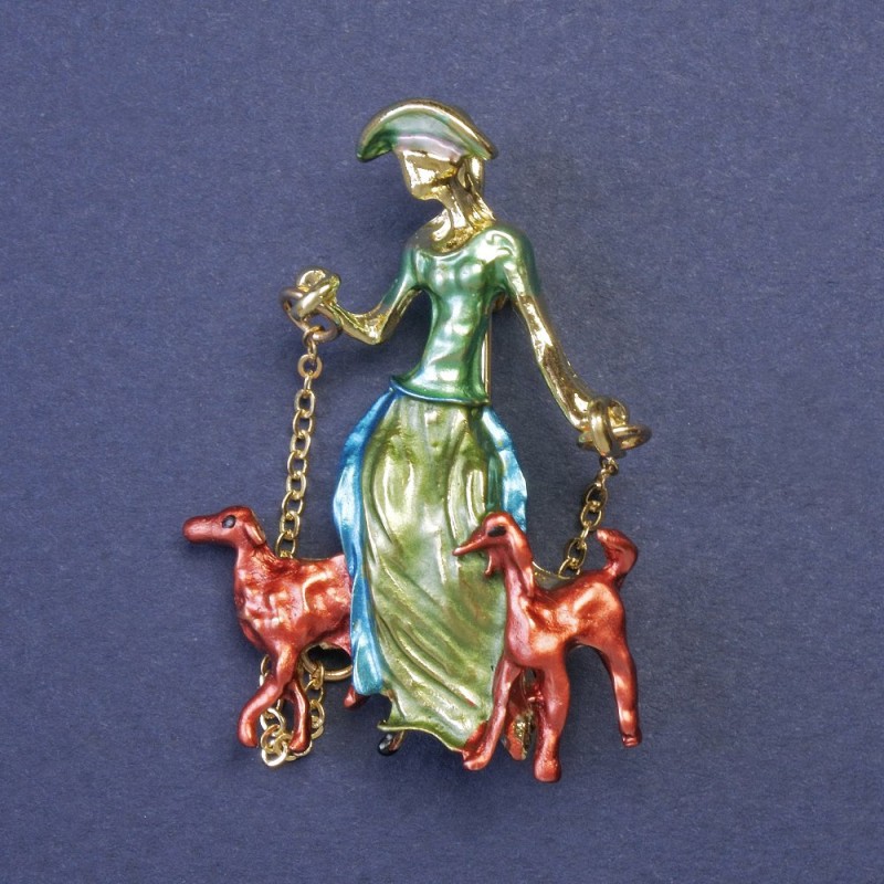Lady with Dogs on Chains Brooch Pendant, Enamel, Gold-tone Metal, 32x45mm+