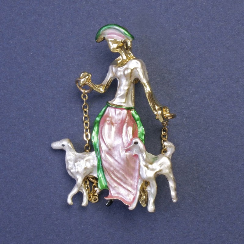 Lady with Dogs on Chains Brooch Pendant, Enamel, Gold-tone Metal, 32x45mm+