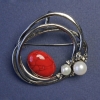 Brooch with Coral (Artificial) and Pearls Silver-Tone Metal 43x41mm+