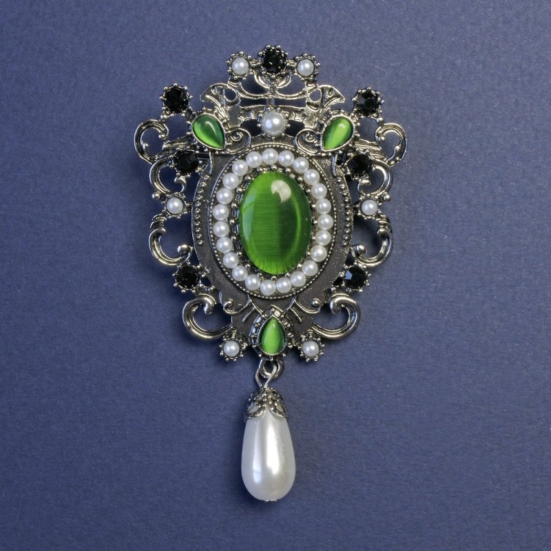 Brooch Pendant Accent Green Cat's Eye with Pearls Silver-Tone Metal 47x80mm+