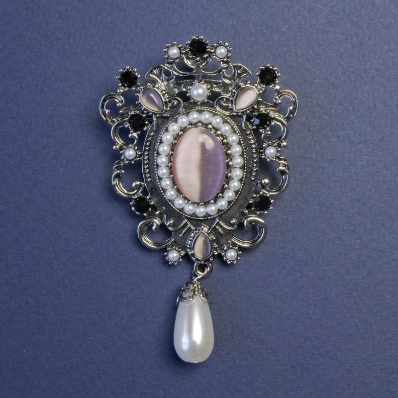 Brooch Pendant Accent Pink Cat's Eye with Pearls Silver-Tone Metal 47x80mm+