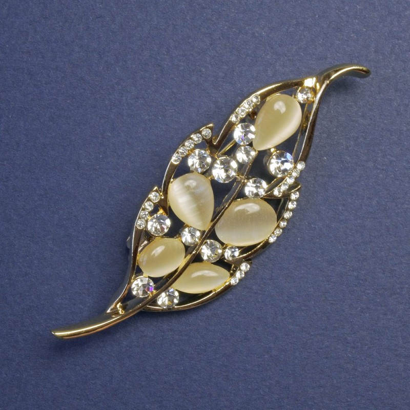 Brooch Leaf Cat's Eye White Rhinestones Gold-Tone Metal 64x24mm+