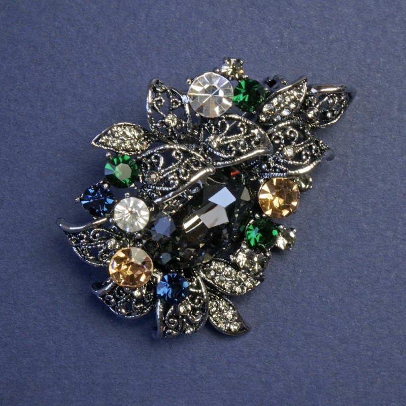 Brooch Accent Multicoloured Rhinestones 48x35mm+/- Silver-Tone Metal