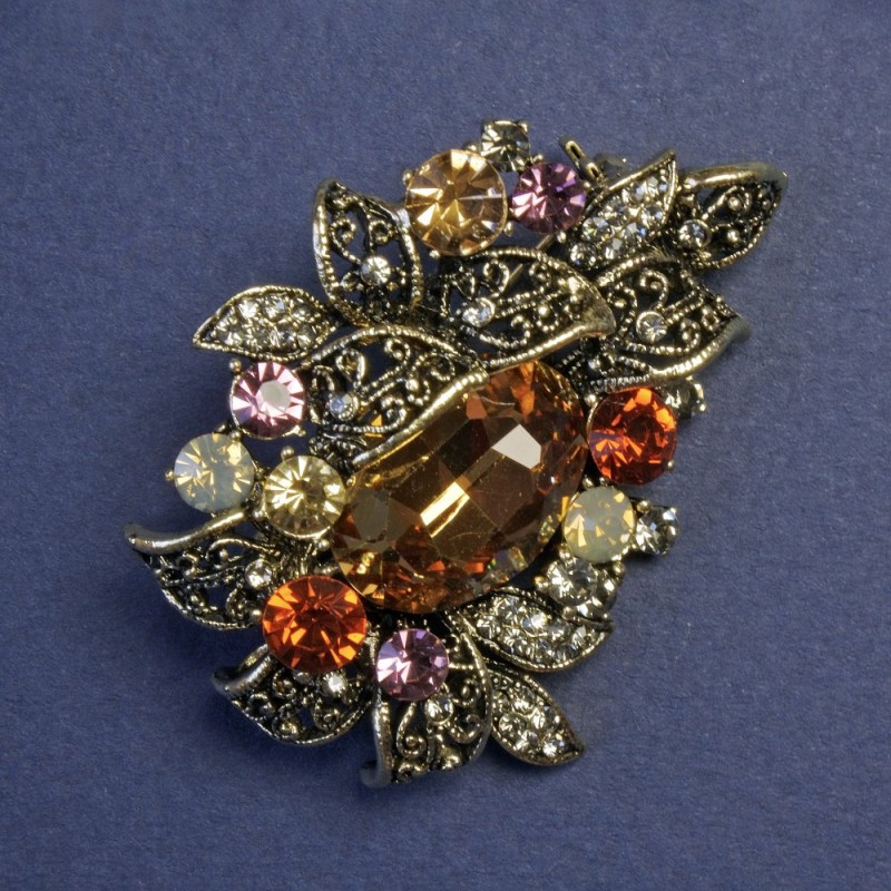 Brooch Accent Multicoloured Rhinestones 48x35mm+/- Gold-Tone Metal