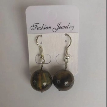 Earrings Natural Stone Hawk's Eye Smooth Round, Diameter 14mm, Length 3.5cm