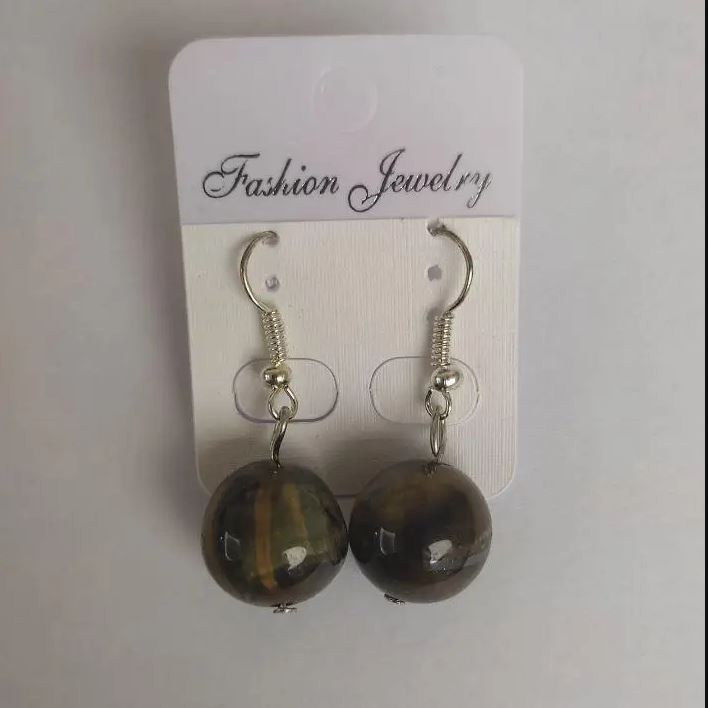 Earrings Natural Stone Hawk's Eye Smooth Round, Diameter 14mm, Length 3.5cm