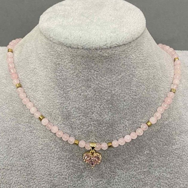 Rose Quartz Choker, Smooth Beads 4mm+-, Hematite Cube 3mm+-, with Heart Pendant 12mm+-, Length 36cm + Extension Chain