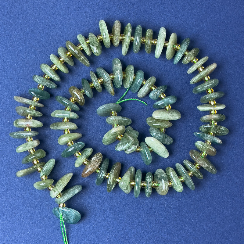 Tourmaline Chip Beads 10x4mm+/- with Seed Beads, 2mm+/- Diameter, on Thread, 40cm+ Length