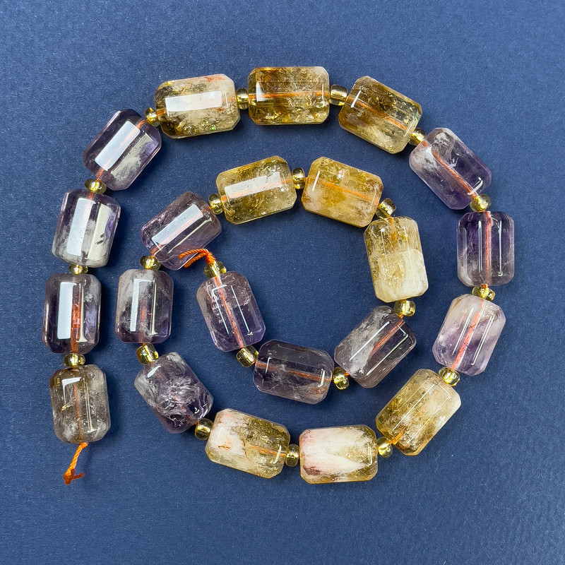 Citrine Amethyst Beads, faceted cylinder 14x10mm+/- with seed beads, diameter 4mm+/-, on a thread, length 39cm+