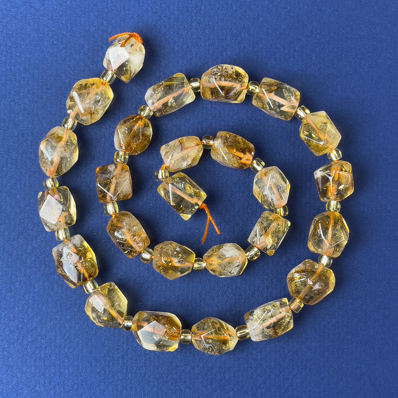 Citrine Polygon Beads 10-12x8mm+- with Seed Beads, diameter 4mm+- on a String, length 38cm+