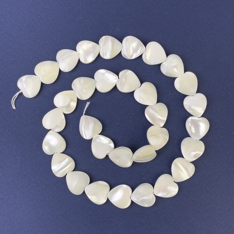 Natural Mother-of-Pearl Heart Beads 12x12x4mm+/- on Thread, Length 39cm+
