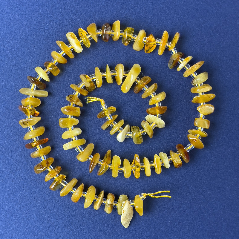 Amber Chip Beads, 10x3mm+/- with Seed Beads, Diameter 3mm+/-, on a Strand, Length 38cm+